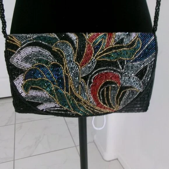 Vintage Beaded Art Deco Style Crossbody Purse Shoulder Bag Multi Color Black Red - Picture 3 of 13